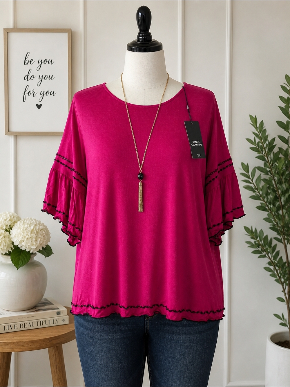 Vince Camuto Women’s Fuchsia Ruffle Sleeve Top
